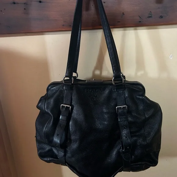Vintage Prada Black soft Leather double strap shoulder tote Doctor Bag